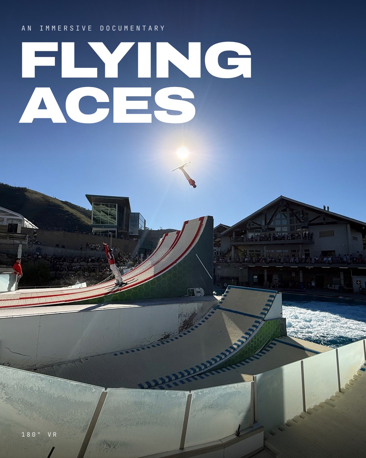 Flying Aces: an aerial skier mid-jump above the water ramps