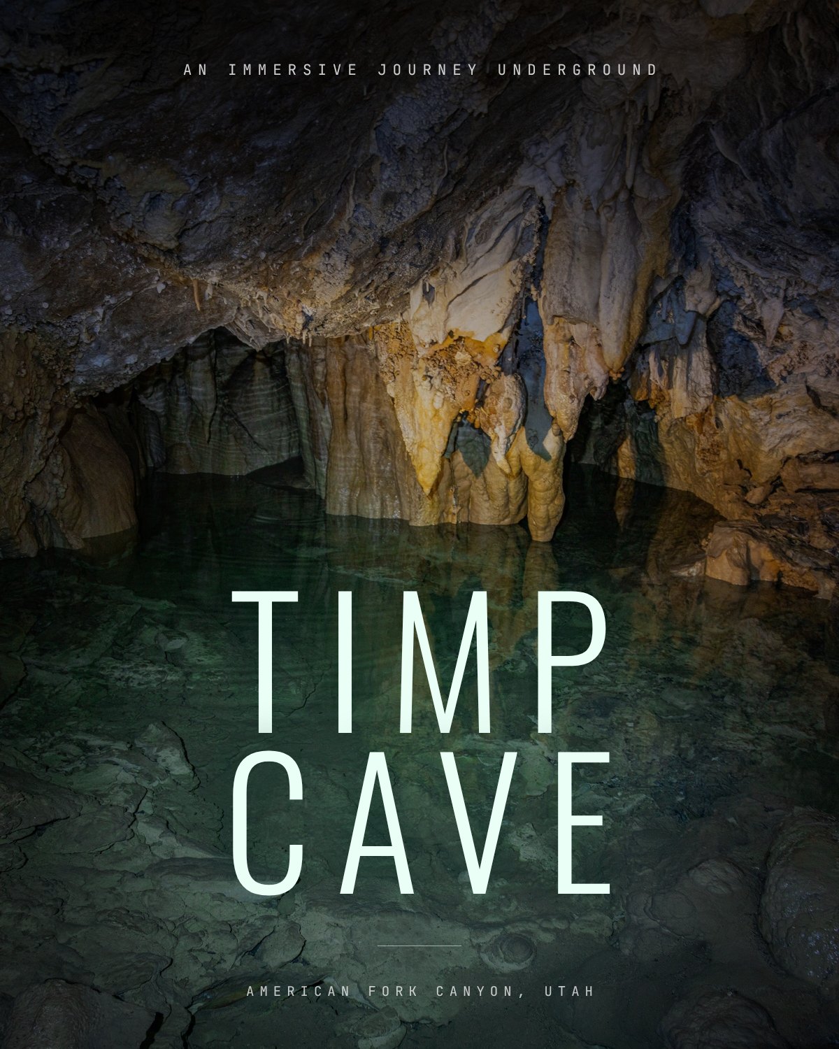 Timp Cave: a cave pool lit green under rock formations